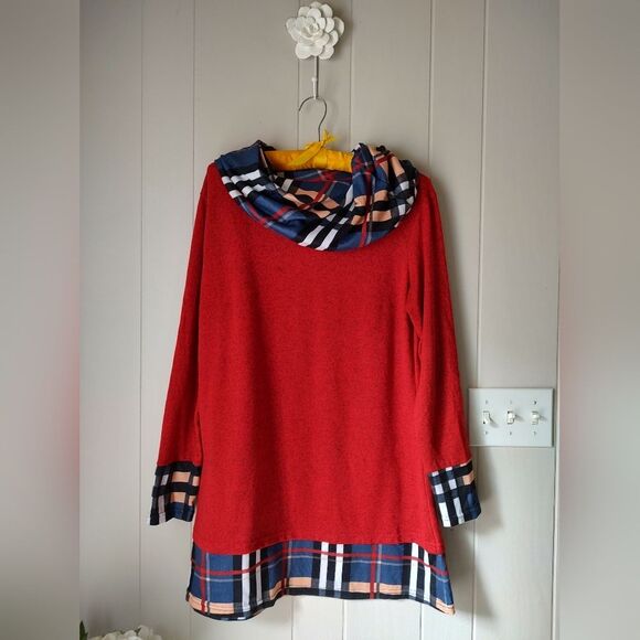 All In One Red Plaid Sweater Tunic Dress Suede Sleeve Patches. Size L - Picture 1 of 5